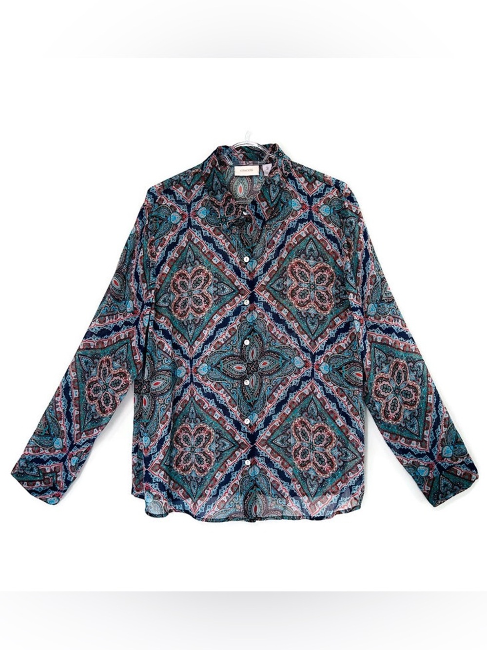 Chicos Womens 3 XLarge Paisley Print Button Up Long Sleeve Blouse Sheer Flowy
